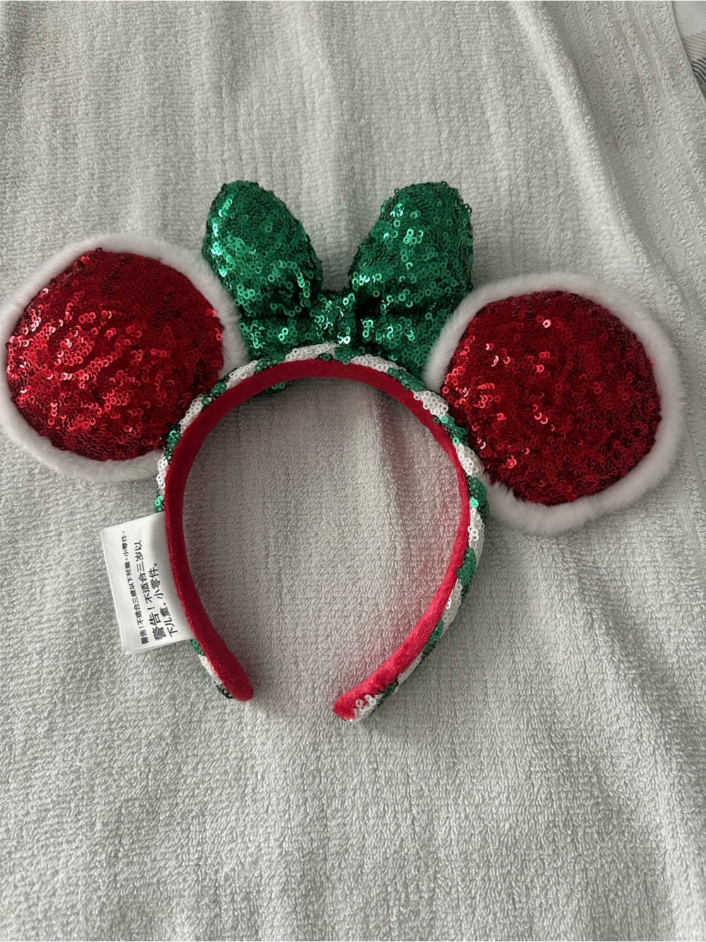 Disney Red Sequin Mouse Ears Headband with Green Bow